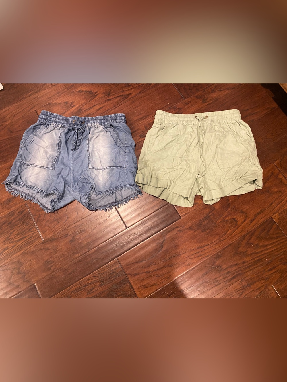 Zenana Outfitters Light Blue Denim-Style Drawstring Shorts and light green short